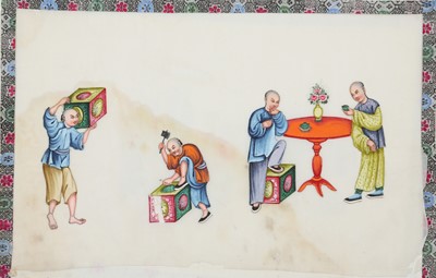 Lot 214 - A CHINESE ALBUM OF TEN PITH PAPER PAINTINGS OF TEA PRODUCTION.