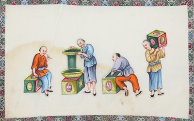Lot 214 - A CHINESE ALBUM OF TEN PITH PAPER PAINTINGS OF TEA PRODUCTION.