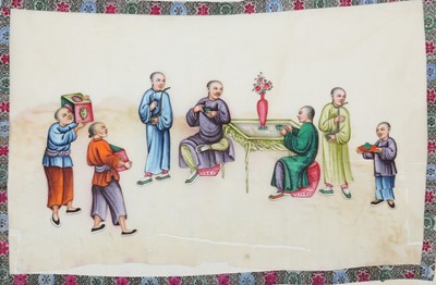Lot 214 - A CHINESE ALBUM OF TEN PITH PAPER PAINTINGS OF TEA PRODUCTION.