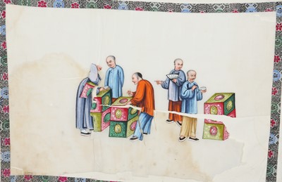 Lot 214 - A CHINESE ALBUM OF TEN PITH PAPER PAINTINGS OF TEA PRODUCTION.