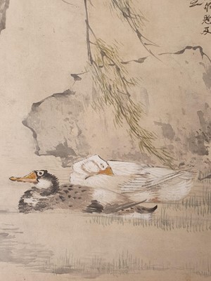 Lot 97 - A CHINESE PAINTING OF DUCKS.