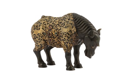 Lot 502 - A CHINESE NEPHRITE JADE HORSE WITH A BRASS COAT.