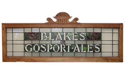 Lot 171 - A STAINED GLASS PUB ADVERTISING PANEL FOR 'BLAKES GOSPORT ALES, EARLY 20TH CENTURY