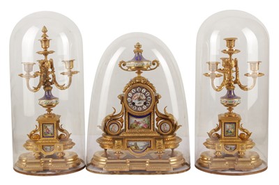 Lot 243 - A GILT METAL AND SEVRES STYLE PORCELAIN CLOCK GARNITURE, LATE 19TH/EARLY 20TH CENTURY