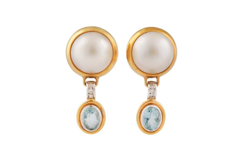Lot 38 - A pair of mabé pearl, diamond and aquamarine earrings