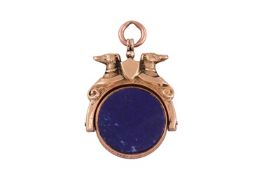 Lot 749 - A LAPIS LAZULI AND GOLD FOB PENDANT,  BY MARK WILLIS & SON, 1890
