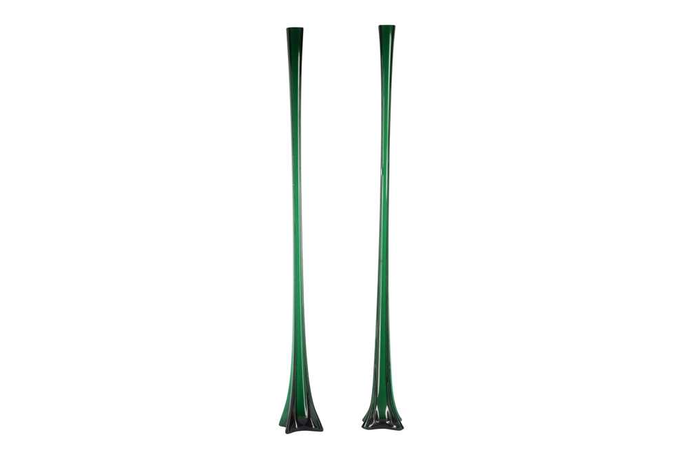 Lot 66 - A PAIR OF CONTINENTAL TALL GREEN AND WHITE OPALINE GLASS LILY VASES, 20TH CENTURY