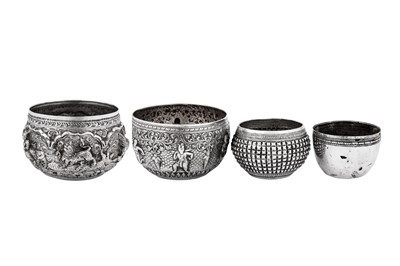 Lot 193 - A mixed group of four early 20th century Southeast Asian unmarked silver bowls, circa 1930