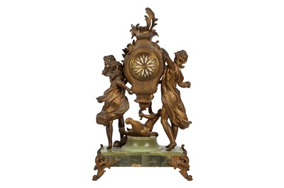 Lot 126 - AN ART NOUVEAU STYLE GILT METAL AND ONYX FIGURAL MANTEL CLOCK, LATE 19TH/EARLY 20TH CENTURY