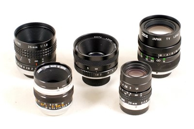 Lot 188 - Group of Five Fast C-Mount TV Lenses.