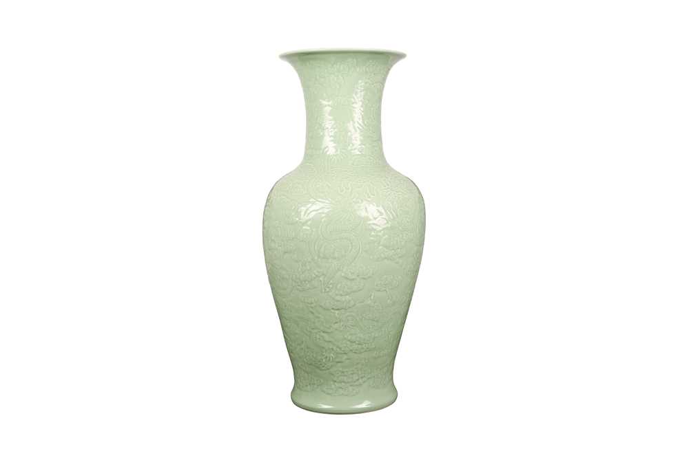 Lot 531 - A MASSIVE CHINESE CELADON-GLAZED 'DRAGON' VASE.