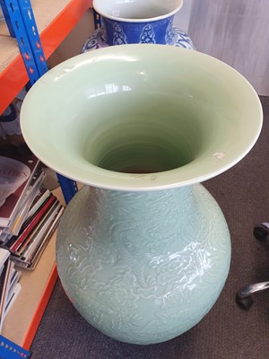 Lot 531 - A MASSIVE CHINESE CELADON-GLAZED 'DRAGON' VASE.