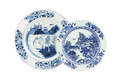 Lot 642 - TWO CHINESE BLUE AND WHITE 'LANDSCAPE' CHARGERS.