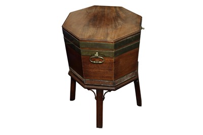 Lot 181 - A GEORGE III MAHOGANY OCTAGONAL BRASS BOUND WINE COOLER