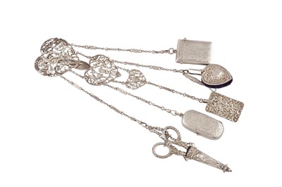 Lot 878 - A VICTORIAN STERLING SILVER CHATELAINE, BIRMINGHAM 1894 BY HENRY MATTHEWS