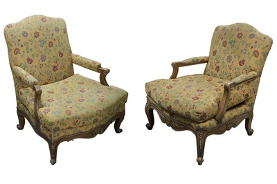 Lot 221 - A PAIR OF FRENCH LOUIS XV STYLE FAUTEUIL OPEN ARMCHAIRS, 20TH CENTURY