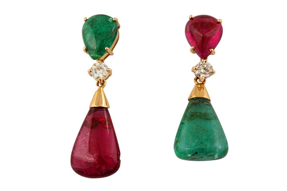 Lot 154 - A pair of pink tourmaline, emerald and diamond earrings
