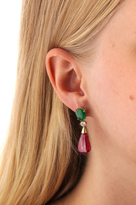 Lot 114 - A pair of pink tourmaline, emerald and diamond earrings