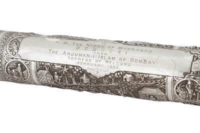 Lot 482 - A COMMEMORATIVE SILVER SCROLL HOLDER DEDICATED TO THE NIZAM OF HYDERABAD