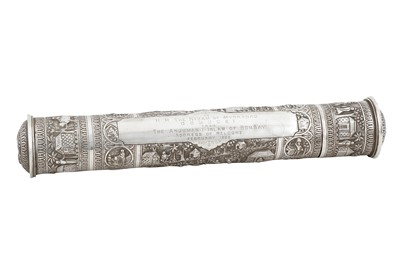 Lot 482 - A COMMEMORATIVE SILVER SCROLL HOLDER DEDICATED TO THE NIZAM OF HYDERABAD
