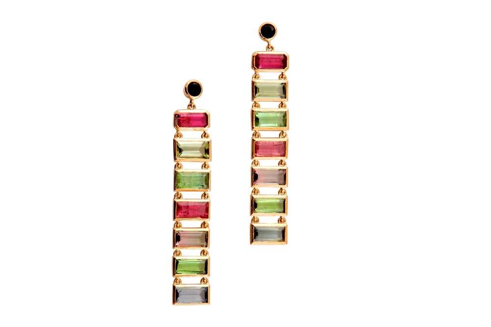 Lot 152 - A pair of multi-coloured tourmaline pendent earrings