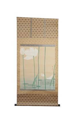 Lot 454 - THREE JAPANESE PAINTINGS OF LOTUS LEAVES, BUDS AND FLOWERS, 20TH CENTURY