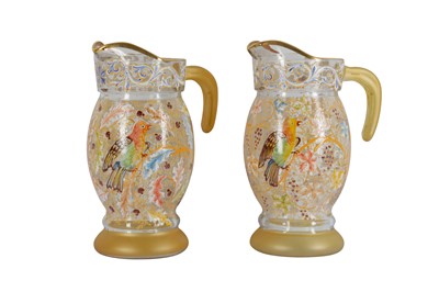 Lot 58 - A PAIR OF ENAMELLED MOSER STYLE GLASS JUGS, 20TH CENTURY