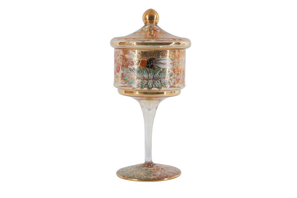 Lot 59 - A MOSER STYLE ENAMELLED GLASS GOBLET AND COVER, 20TH CENTURY