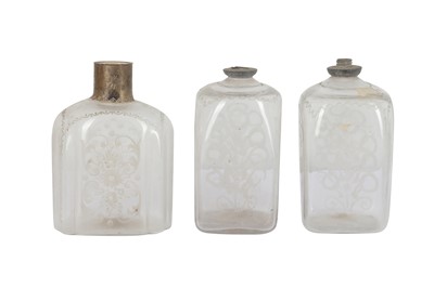 Lot 61 - A PAIR OF CLEAR GLASS SQUARE SECTION DUTCH FLASK BOTTLES, POSSIBLY 19TH CENTURY