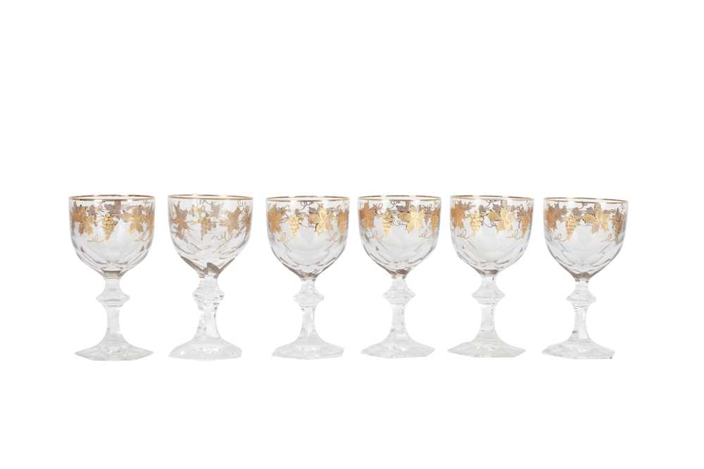 Lot 62 - A SET OF SIX CONTINENTAL MOSER STYLE GILT DRINKING GLASSES, 20TH CENTURY