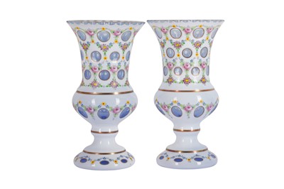 Lot 63 - A PAIR OF BOHEMIAN WHITE OPALINE GLASS OVERLAY VASES, PROBABLY FOR THE ISLAMIC MARKET