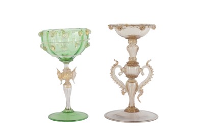 Lot 64 - VA VENETIAN GREEN AND ADVENTURINE GLASS GOBLET, 20TH CENTURY