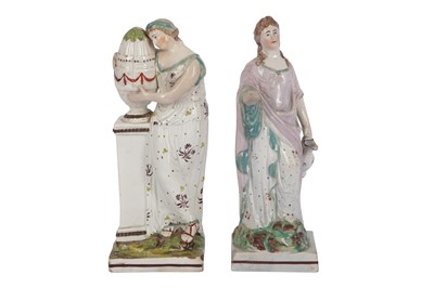 Lot 12 - A STAFFORDSHIRE POTTERY PEARLWARE FIGURE OF ANDROMANCHE MOURNING AT HECTORS TOMB, 19TH CENTURY