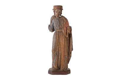 Lot 182 - A 16TH CENTURY CARVED WOOD AND POLYCHROME DECORATED FIGURE OF A SAINT