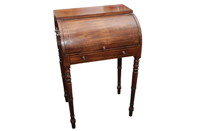 Lot 191 - A LATE GEORGE III/ REGENCY MAHOGANY AND LINE INLAID LADIES ROLL TOP DESK