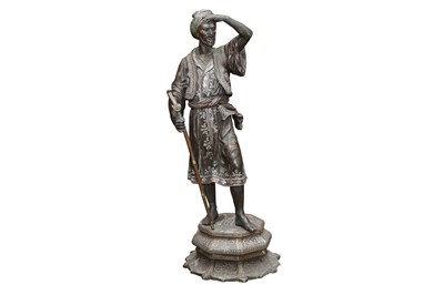 Lot 105 - A BRONZED AND COLOURED SPELTER SCULPTURE OF A MOOR, LATE 19TH/EARLY 20TH CENTURY