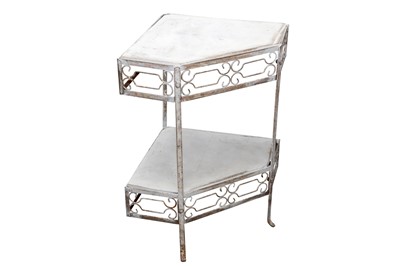 Lot 480 - A WHITE PAINTED TWO TIER WROUGHT IRON CORNER TABLE, 20TH CENTURY