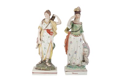 Lot 92 - A PAIR OF STAFFORDSHIRE PEARLWARE POTTERY FIGURES OF MINERVA AND DIANA, 19TH CENTURY