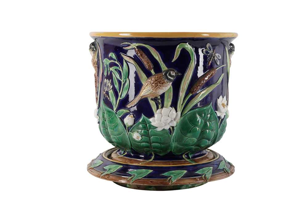 Lot 98 - A VICTORIAN MAJOLICA JARDINIERE POT AND STAND BY GEORGE JONES, CIRCA 1861/1873