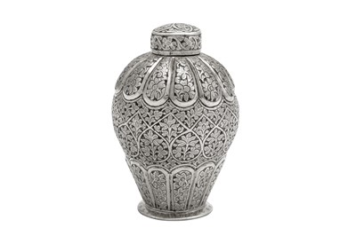 Lot 147 - A late 19th century Anglo-Indian unmarked silver tea caddy, Kashmir circa 1880