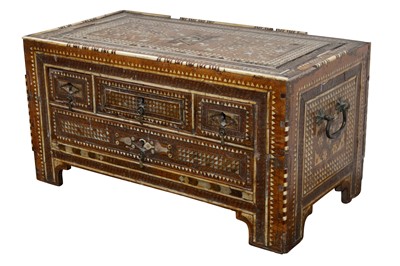 Lot 203 - A DAMASCUS WARE TEAK CHEST, EARLY 20TH CENTURY
