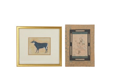 Lot 398 - TWO INDO-PERSIAN REVIVAL TINTED DRAWINGS: A SEATED YOUTH AND A NILGAI ANTELOPE