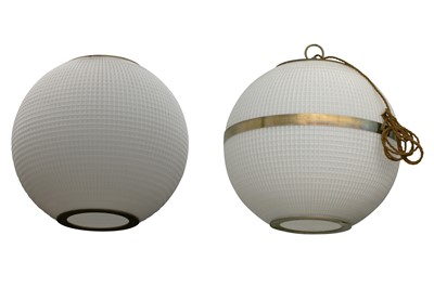 Lot 1108 - PURE WHITE LINES, A NEAR PAIR OF OPALINE GLASS PARISIAN STYLE HANGING LIGHTS
