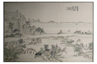 Lot 458 - A LARGE CHINESE PAINTED LANDSCAPE PANEL, EARLY 20TH CENTURY