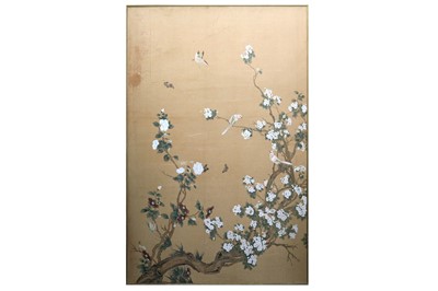 Lot 459 - A LARGE CHINESE PAINTED PANEL OF BIRDS AND FLOWERING TREES, EARLY 20TH CENTURY