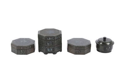 Lot 743 - FOUR CHINESE LAQUE BURGAUTE BOXES AND COVERS.