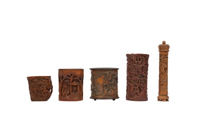 Lot 744 - FOUR CHINESE BRUSH POTS AND A PERFUMIER.