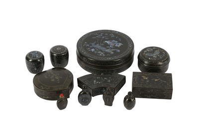Lot 733 - SEVEN CHINESE LAQUE BURGAUTE BOXES AND COVERS AND FOUR SNUFF BOTTLES.