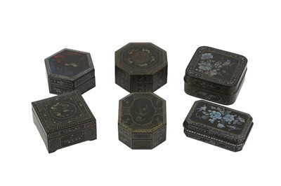 Lot 748 - SIX CHINESE LAQUE BURGAUTE BOXES AND COVERS.