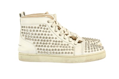Lot 265 - Christian Louboutin White Louis Spike High Top Trainer - Size 42.5